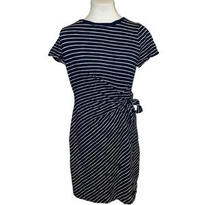 Chicos Navy Cotton Bodycon Dress with White Stripes and Bishop Sleeves